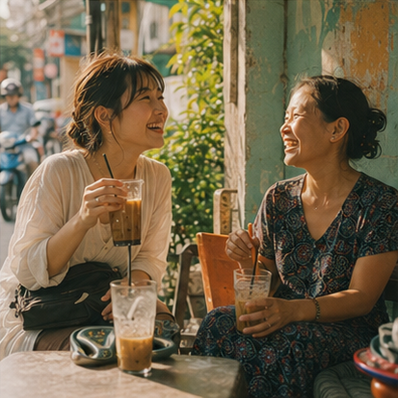 ベトナムのカフェで現地の女性と笑い合う女性