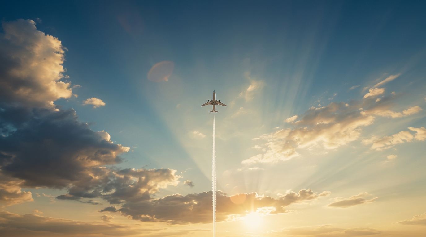 夕暮れの空を飛行機雲を残して上昇していく飛行機
